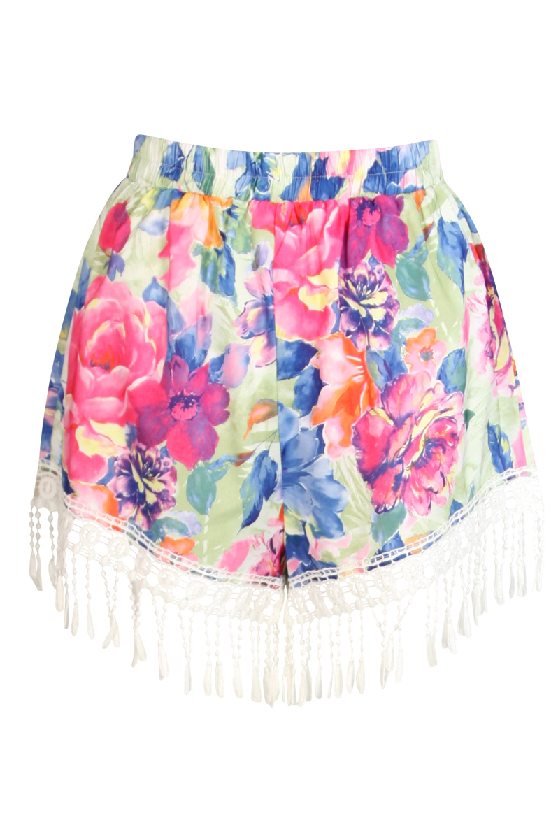 Floral High Waisted Shorts with Crochet Trim Preview